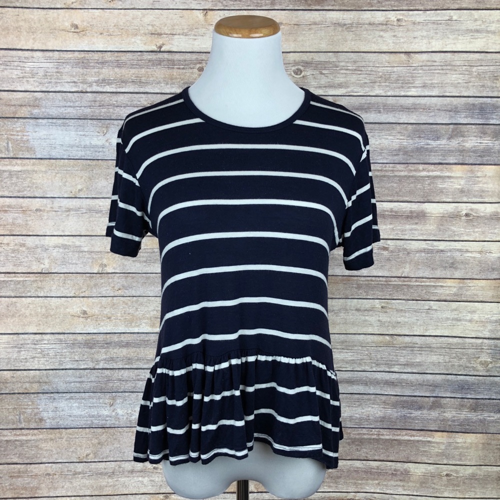 Navy and white striped ruffle crop tee small